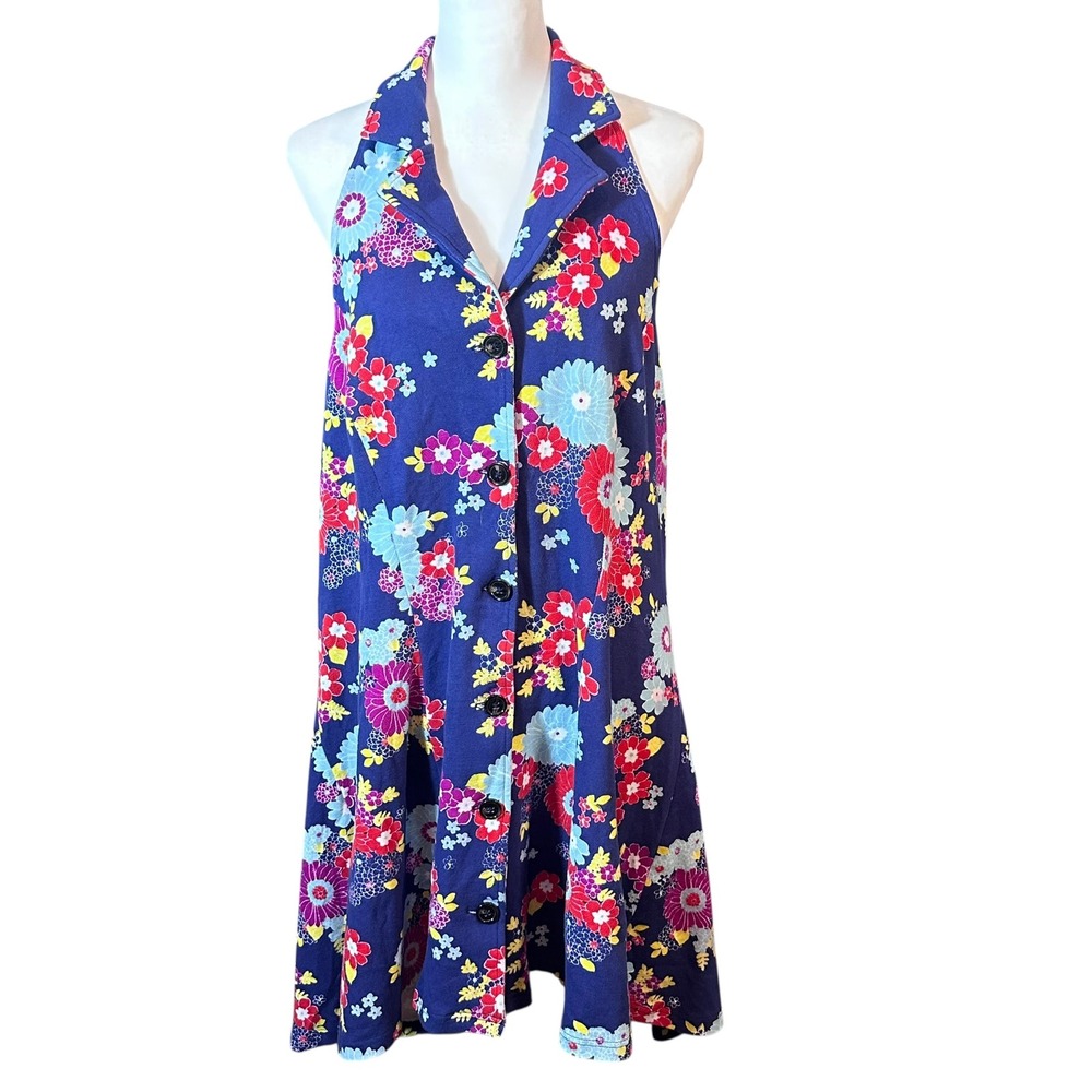 ModCloth Floral Halter Dress Women 2X Blue Button Front Open Back Retro‎ Summer